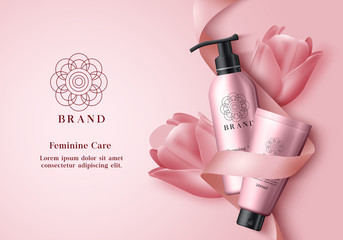 Cosmetic products vector banner template. Feminine product bottles for body skin care with pink tulip flower in elegant background design for promotional purposes. Vector illustration