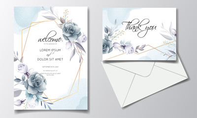 Navy blue floral wedding invitation card template with golden leaves and watercolor frame