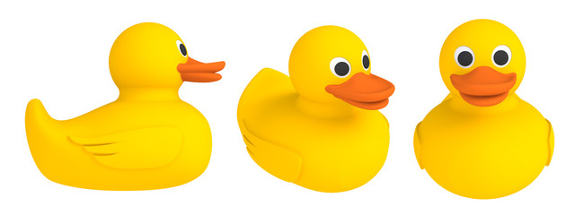 Yellow set rubber duck isolated. Bath toys on a white background. 3d rendering.