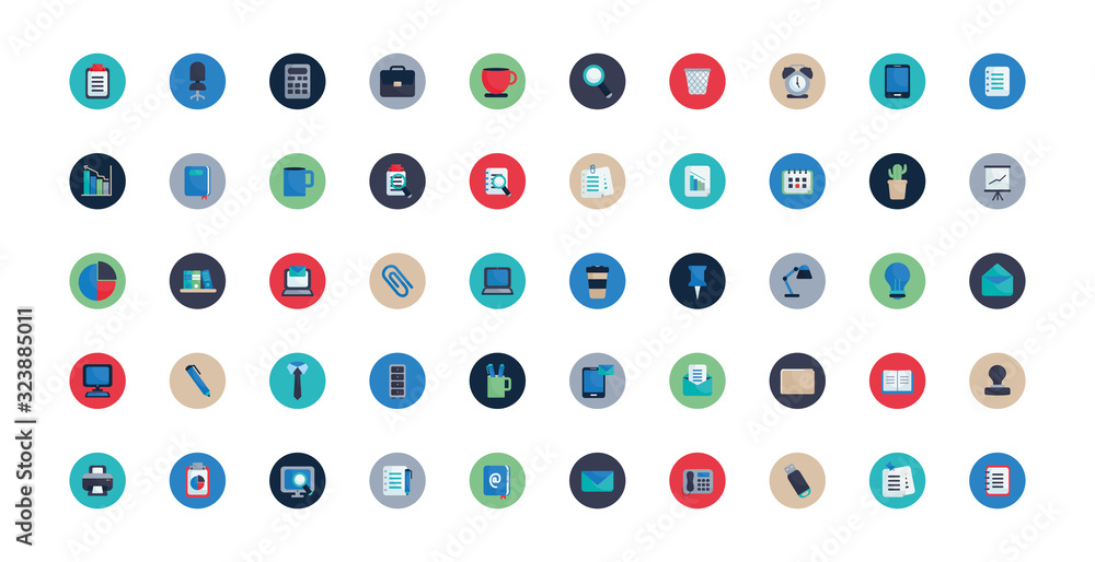 Poster isolated office flat block style icon set vector design