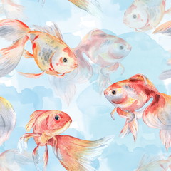 Goldfish. Seamless watercolor pattern on a watercolor background