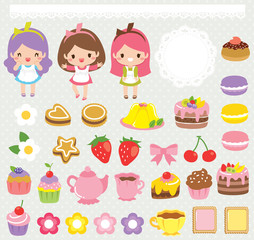 Cute food clipart set with girls, sweets, cakes, teacups and lace ornaments