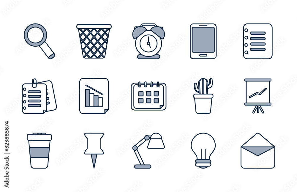 Poster isolated office half line half color style icon set vector design