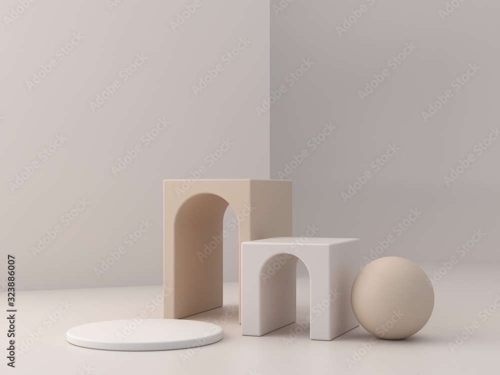Poster abstract minimal scene with geometrical forms. box podiums with archs in cream colors. abstract back