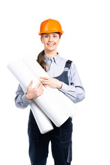Woman builder with engineering drawings in her hands smiling. Isolated