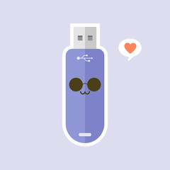 kawaii and cute USB Flash Drive icon isolated on color background. Memory Stick icon in flat style. Flash disk character with face expression. can use for technology, mascot, IT element, website, icon