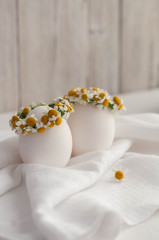 Easter. Eggs on a white wooden background