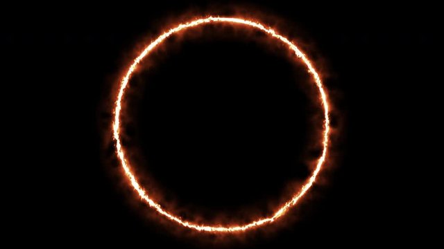 Empty circle, wheel frame with electric power border glowing, burning flame sign. Blank circle fire with electric power around frame lights. The best stock of animation round orange electric power