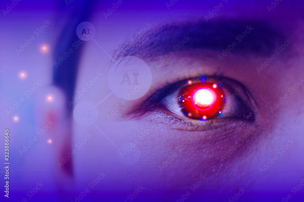 Poster close up in the eye ai technology control system ,eye scan ai