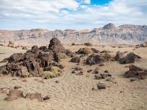 Beautiful image of sharp volcanic rocks and cliffs in desert