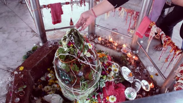 Hindu Devotees offering puja items to Shiv Ling during Shivratri