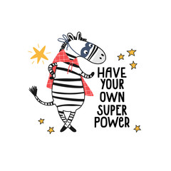 Cute cartoon zebra hero and text