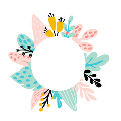 Floral frame with blue and pink leaves of tropical trees, abstract plants, leaves, flowers in pastel colors. For invitations,cards for wedding Day,Mother s Day,Birthday,Women s day.vector illustration