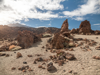 Beautiful volcanic landscape with high cliffs, rocks and mountains on side of volcano Teide,...