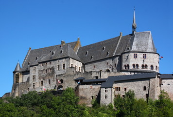 Fototapeta na wymiar Panoramic view of the medieval Vianden castle on a hill in Luxembourg, Europe
