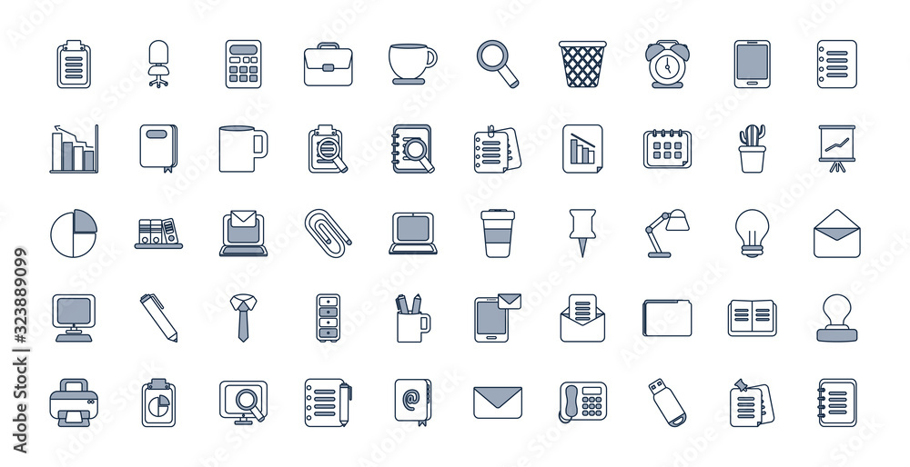 Poster isolated office half line half color style icon set vector design