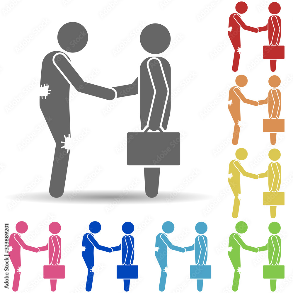 Poster poor man and businessman in multi color style icon. simple glyph, flat vector of mobile banking icon