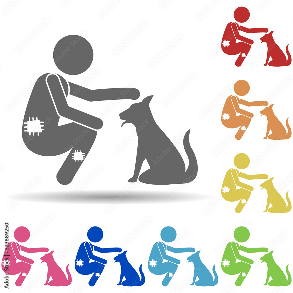 Poster poor man and dog in multi color style icon. simple glyph, flat vector of mobile banking icons for ui