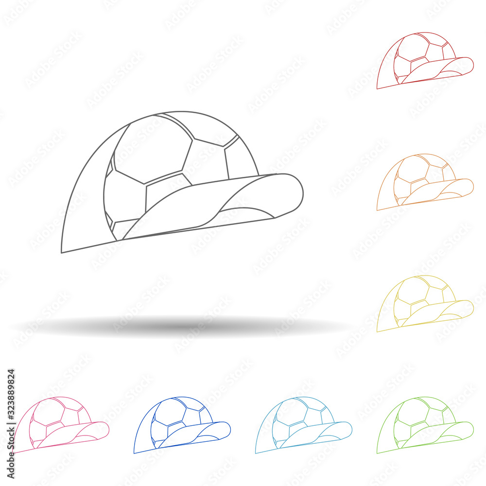 Poster fan cap with a ball in multi color style icon. simple thin line, outline vector of russian fan atrib