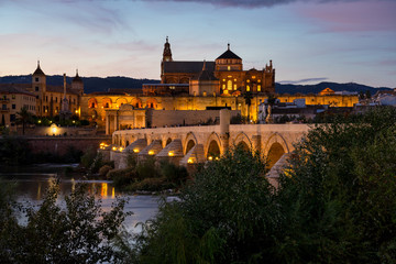 Mosque-Cathedral and the Roman Bridge in Cordoba, Andalusia, Spain at night