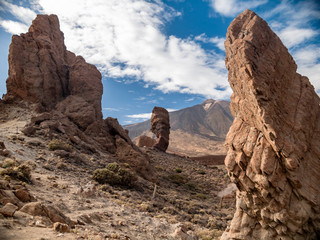 Beautiful panoramic landscape of volcano Teide slope and high volcanic formations after erruption