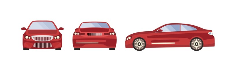 Red sport car vector illustration. Set of three sides view from side, back, front of automobile isolated on white background. Various template of modern luxury motor vehicle