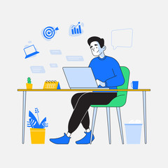 Business and workspace concept. Stylish young man or male employee sitting at modern work desk and working on his laptop. Business related icons over his head, vector illustration