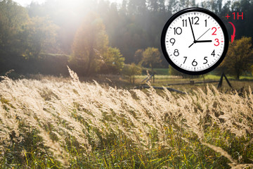 Daylight Saving Time (DST). Blue sky with white clouds and clock. Turn time forward (+1h).