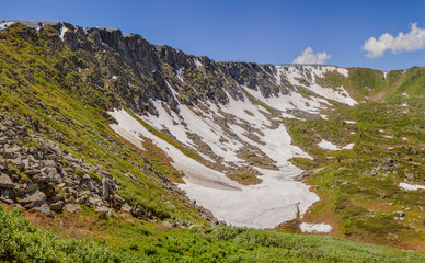 Spring in the mountains. Snow on the slopes, green meadows. 