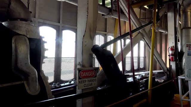 Working gears in the Steam Engine Room of the steamboat.