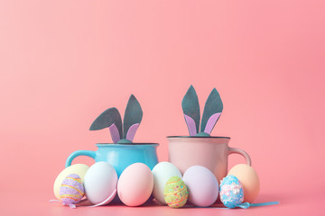 cute and cute easter background with circles from which the ears of the easter bunny peek out next...