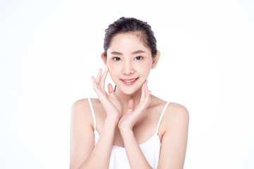 Asian woman poses for healthy skin beauty in white isolated background. Cosmetic, skincare, surgery concept with copy space.