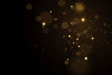 Lights bokeh on a black background. Glares with flying glowing particles. Ligh gold effect. Vector illustration