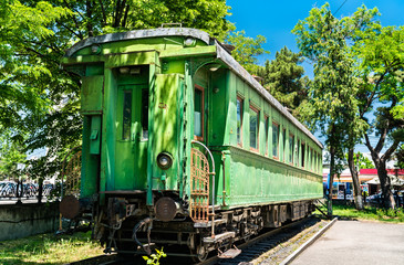 Fototapeta na wymiar Personal green railroad car of Joseph Stalin in his birthplace Gori, Georgia