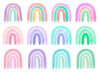 Set of neutral calm rainbows, in blue, green, pink colors.