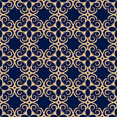 Floral seamless background. Golden flowers on dark blue backdrop