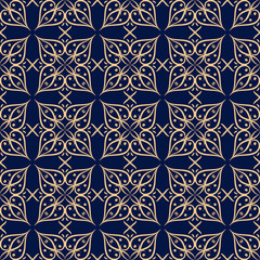 Golden floral seamless pattern on dark blue background