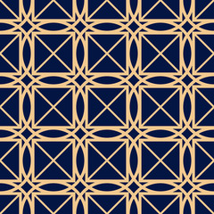 Geometric print. Golden pattern on dark blue seamless background