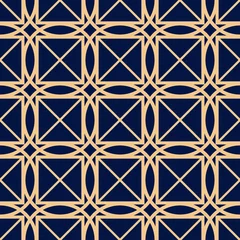 Foto op Plexiglas Donkerblauw Geometrische afdruk. Gouden patroon op donkerblauwe naadloze achtergrond