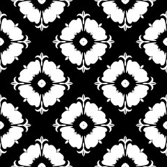Floral seamless pattern. Black and white dark background