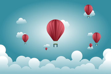 Red balloons floating in the blue sky.  Green and Clean World Concept.