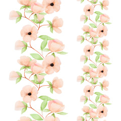 Seamless ribbon border. Watercolor spring flowers isolated on white background.