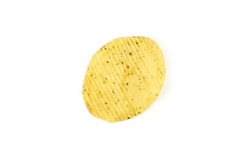 Tasty ridged potato crisps on white background