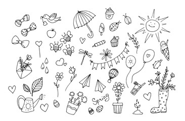 Set of spring summer icons. Hand drawn positive icons