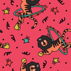 Seamless pattern-a cartoon tiger jumps through a Hoop. Print for kids products. - 323894453