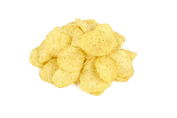 pile of ribbed potato chips isolated on white background
