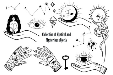 Vector collection of magic and occultism Mystical and Mysterious objects, hand, constellations, snake, key, eye, Space objects. Minimalistic objects made in the style of one line. 