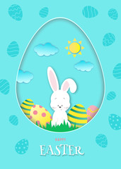 Easter blue card with paper bunny. Easter illustration in paper style, shadow, vector. White rabbit with easter eggs, sky, sun, grass, clouds. Easter bunny in nature. Vector.