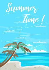 Fototapeta premium Vector illustration. Summer landscape. Beach, ocean, palm trees.