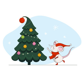 New year and Christmas greeting card in vector. Cute cartoon mouse next to the Christmas tree